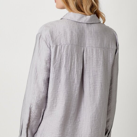 MYSTREE Light Purple Textured Button-Up Blouse, Long Sleeve Collared Shirt - Picture 4 of 5